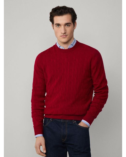 Hackett Red Lambswool Cable Crew Neck Jumper for men