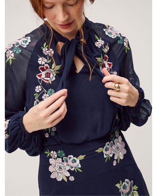 Monsoon Annika V-Neck Tie Neck Floral Embroidered Chiffon Long Sleeve Midi Dress in Blue | Lyst Monsoon Annika V-Neck Tie Neck Floral Embroidered Chiffon Long Sleeve Midi Dress in Blue | Lyst
