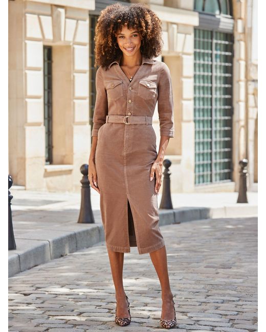 Sosandar Gray Belted Corduroy Midi Dress