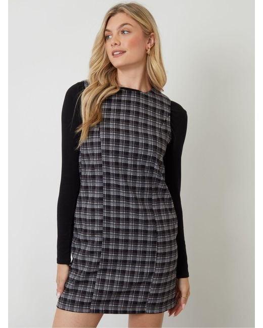 Threadbare Women's Black Mini Check A-Line Pinafore Dress