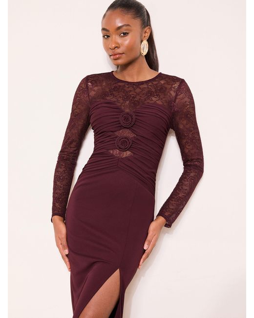 Lipsy Burgundy Lace Trim Ruched Maxi Dress in Red | Lyst