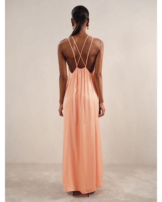 Reiss Brown Tallie - Peach Petite Satin Halterneck Maxi Dress, Us 10