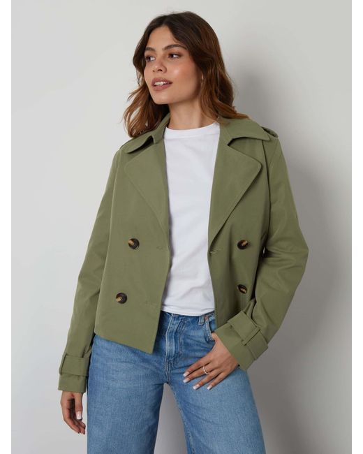 Threadbare Green Double Breasted Cropped Trench Jacket