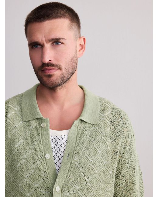 Next Green Signature Linen Rich Short Sleeve Knit Crochet Button Through Polo Shirt for men