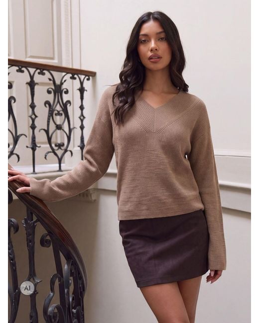 Threadbare Brown Deep Rib V-Neck Jumper