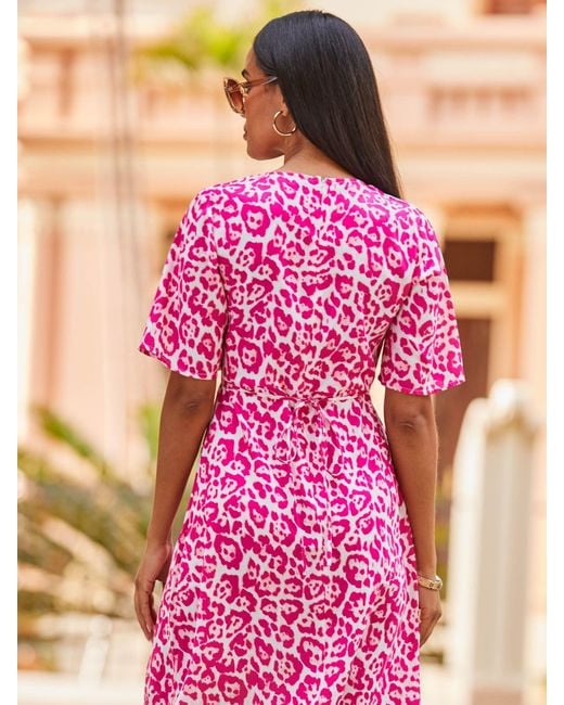 Sosandar Pink Animal Print Fluted Sleeve Fit And Flare Dress
