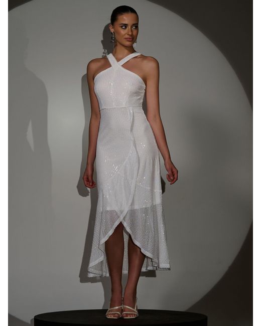 Jolie Moi Gray Sequin Cross Neck Frill Wrap Hem Maxi Dress