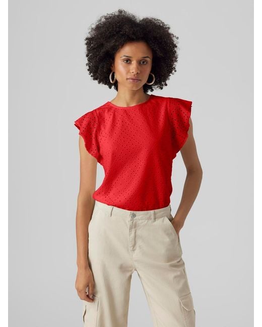 Vero Moda Red Broderie Short Sleeve T-Shirt