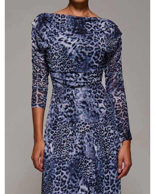 Jolie Moi Blue Long Sleeve Asymmetric Gathered Mesh Midi Dress