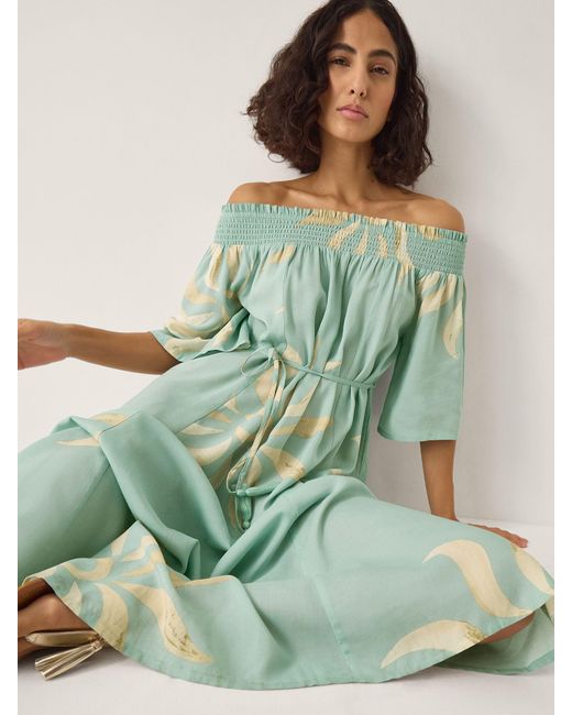 Monsoon Tashie Sun Print Bardot Midi Dress in Green | Lyst