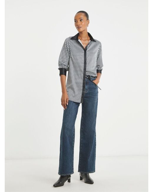 JD Williams Blue Mono Print Long Sleeve Satin Shirt