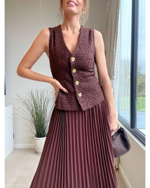 Style Cheat Brown Waistcoat Pleated Midi Dress
