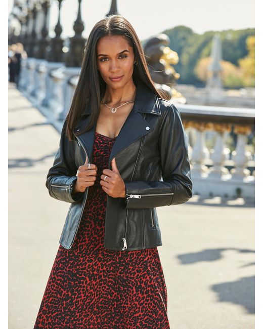 Sosandar Blue Leather Biker Jacket