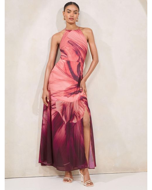 Lipsy Pink Printed Halter Chiffon Sleeveless Maxi Dress