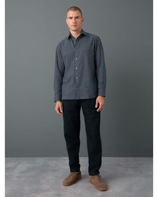 Next Blue Regular Fit Check Soft Touch 100% Cotton Smart Long Sleeve Shirt for men