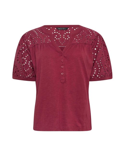 M Com Red Broderie Half Placket Top