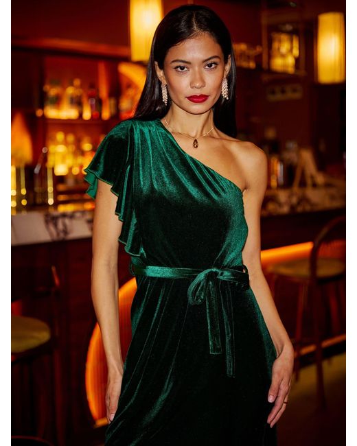 Yumi' Orange Velvet Frill One Shoulder Midi Dress With Split Hem