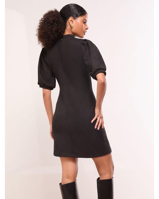 Lipsy Black Faux Suede Puff Sleeve Mini Shift Dress With Buttons