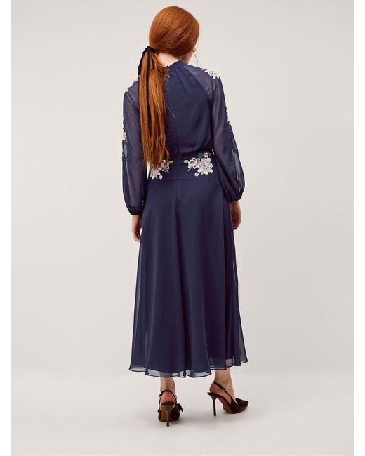 Monsoon Annika V-Neck Tie Neck Floral Embroidered Chiffon Long Sleeve Midi  Dress in Blue | Lyst
