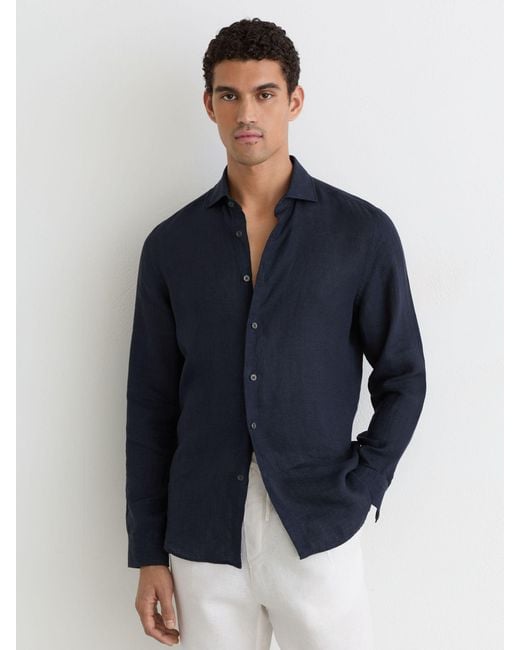Reiss Blue Ruban - Navy Linen Button-through Shirt, 3xl for men