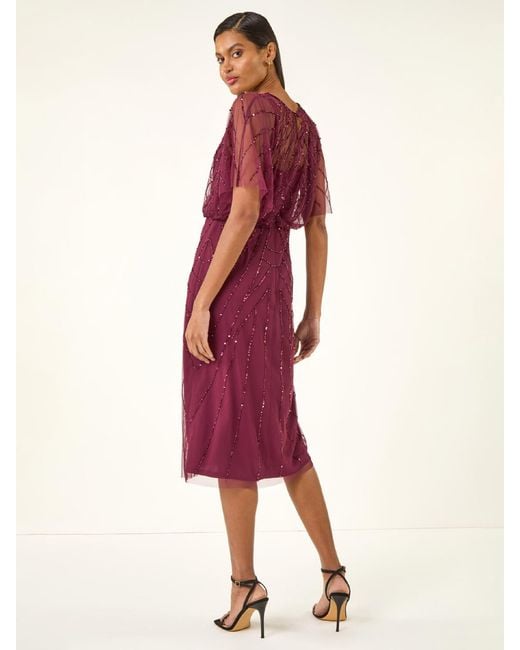 Roman Purple Beaded V-Neck Midi Dress