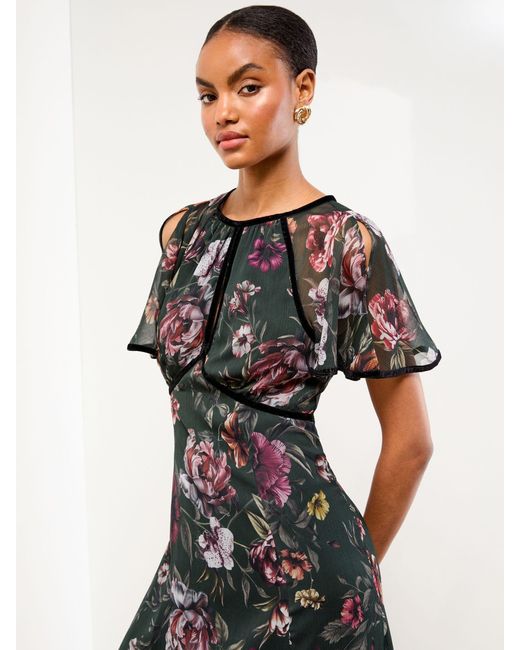 Lipsy Natural Petite Angel Sleeve Floral Print Velvet Tipped Midi Dress