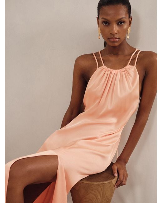 Reiss Brown Tallie - Peach Petite Satin Halterneck Maxi Dress, Us 10