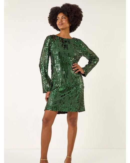 Roman Green Sequin Shift Stretch Dress