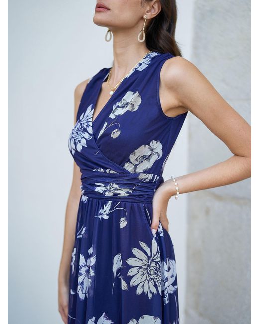 Yumi' Blue Floral Print Stretch Mesh Dress With Pockets