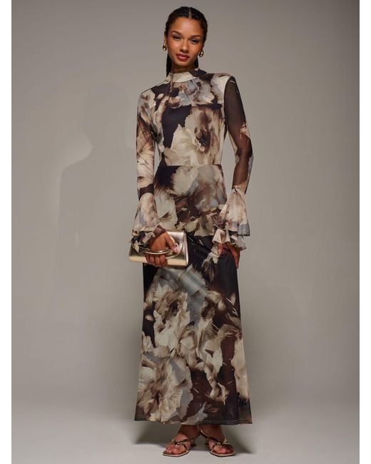 Jolie Moi Brown Ruffle Long Sleeve Mesh Maxi Dress