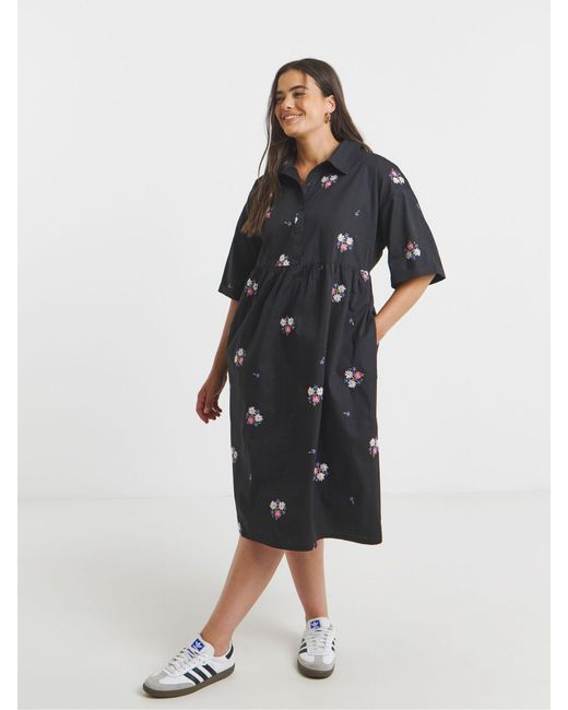 Simply Be Black Floral Embroidered Midi Shirt Dress