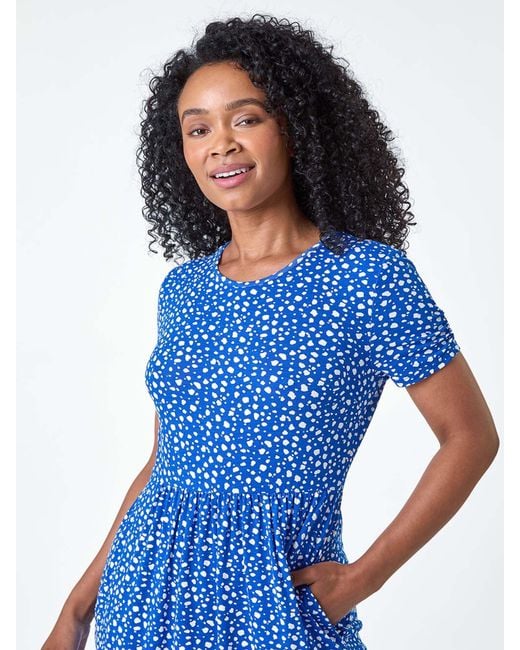 Roman Blue Petite Spot Print Stretch Midi Dress