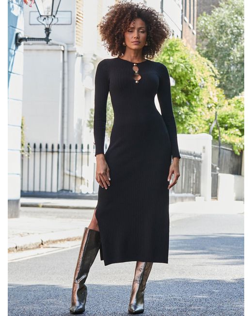 Sosandar Black Midaxikleid Mit Goldfarbenem Knopfdetail Und Ausschnitteu 40 (Uk 12)