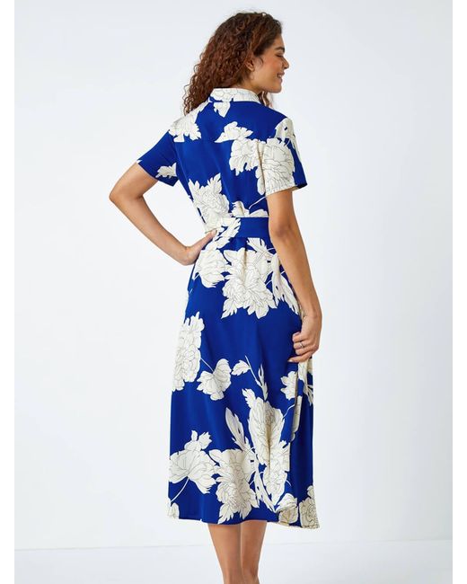 Roman Blue Contrast Floral Print Shirt Dress