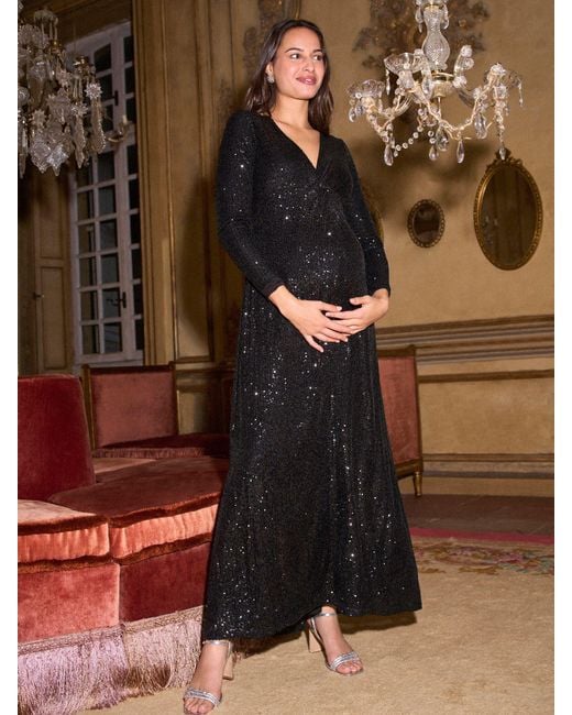 Seraphine Brown Knot Front Sequin Maternity Maxi Dress
