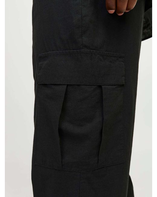 Jack & Jones Black Loose Fit Linen Blend Cargo Trousers for men