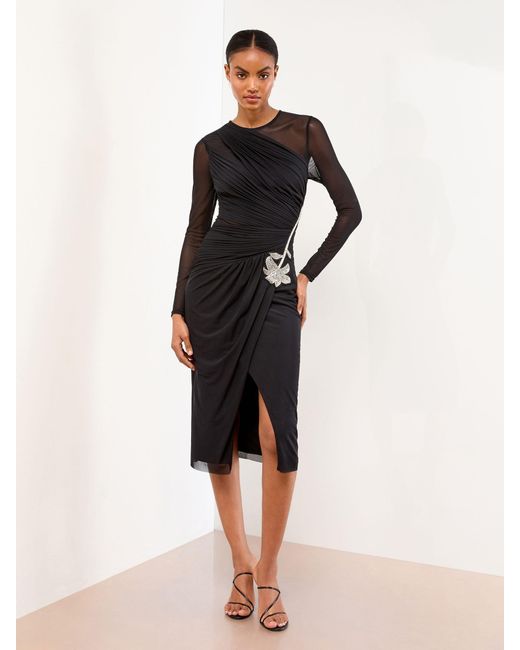 Lipsy Long Sleeve Embellished Trim Mesh Bodycon Midi Dress in Natural | Lyst