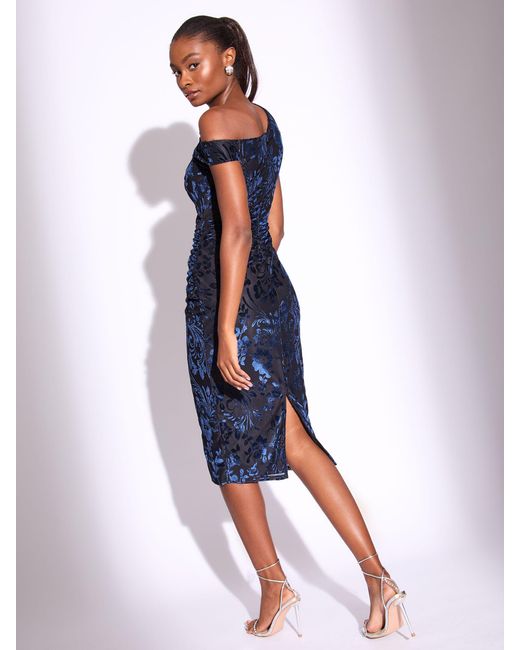 Lipsy Blue Velvet Devore One Shoulder Slash Neck Bodycon Midi Dress
