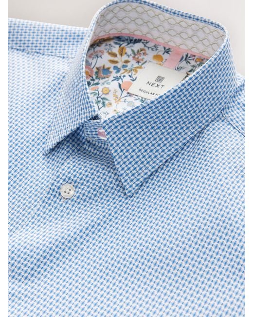 Next Blue Regular Fit Regular Fit Cotton Rich Trimmed Textured Short Sleeve Smart Shirt for men