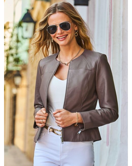 Sosandar Brown Lederjacke Mit Rundhalsausschnitt Und Reißverschluss Vorne