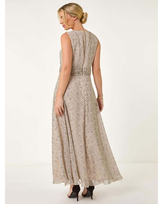 Roman Natural Petite Spot Print Ruched Waist Midi Dress