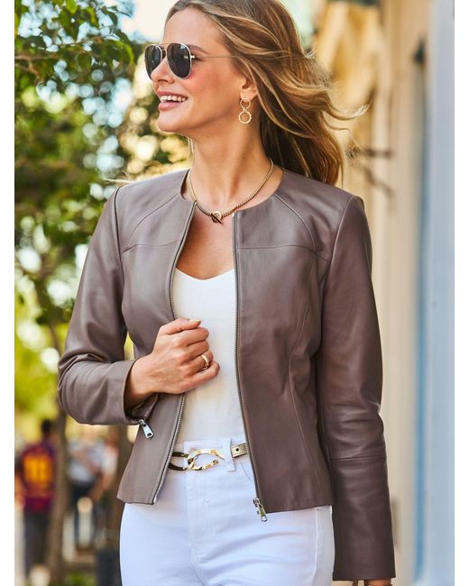 Sosandar Brown Lederjacke Mit Rundhalsausschnitt Und Reißverschluss Vorne
