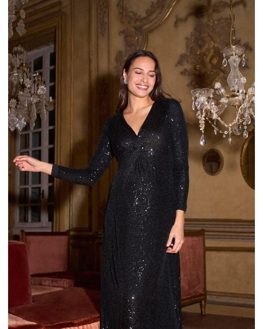 Seraphine Brown Knot Front Sequin Maternity Maxi Dress