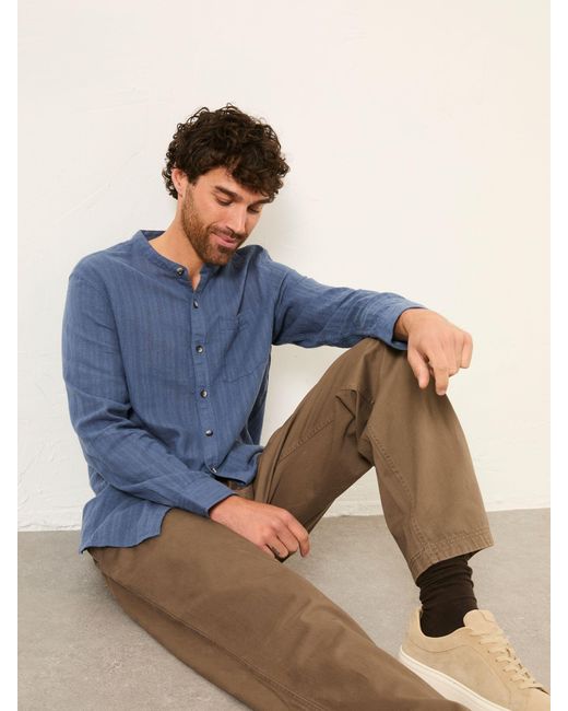 FatFace Blue Fatface Bugle Long Sleeve Grandad Linen Cotton Shirt for men
