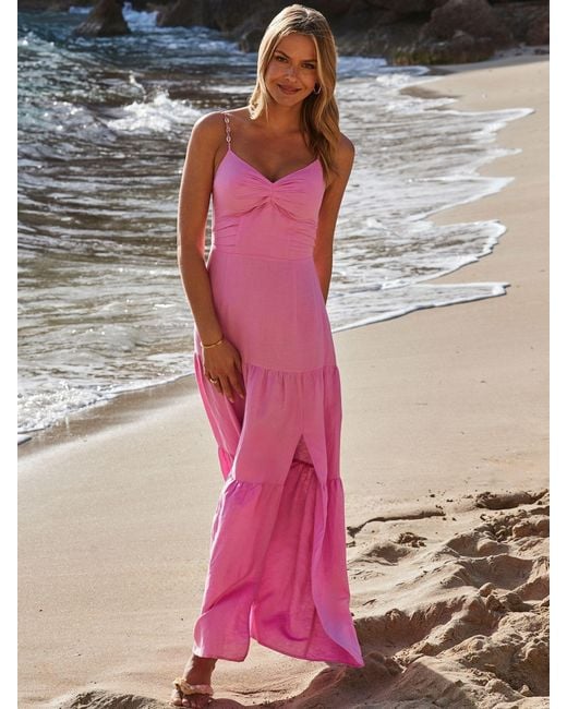 Sosandar Pink Petite Linen Rich Tiered Hem Maxi Dress