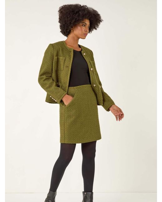 Roman Green Collarless Boucle Button Jacket