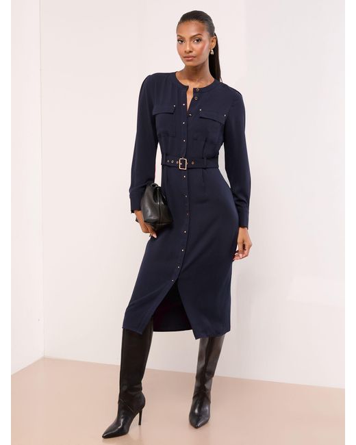 Lipsy Women's Blue Grandad Collar Belted Midi Button Through Shirt Dress Lipsy Women's Blue Grandad Collar Belted Midi Button Through Shirt Dress