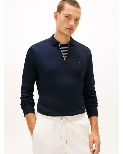 Tommy Hilfiger Blue Regular Fit Flag Embroidery Zip Polo Shirt for men