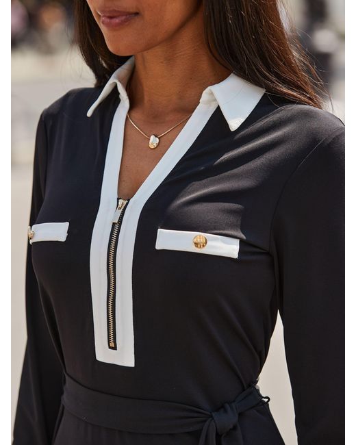 Sosandar Black Contrast Trim Belted Dress