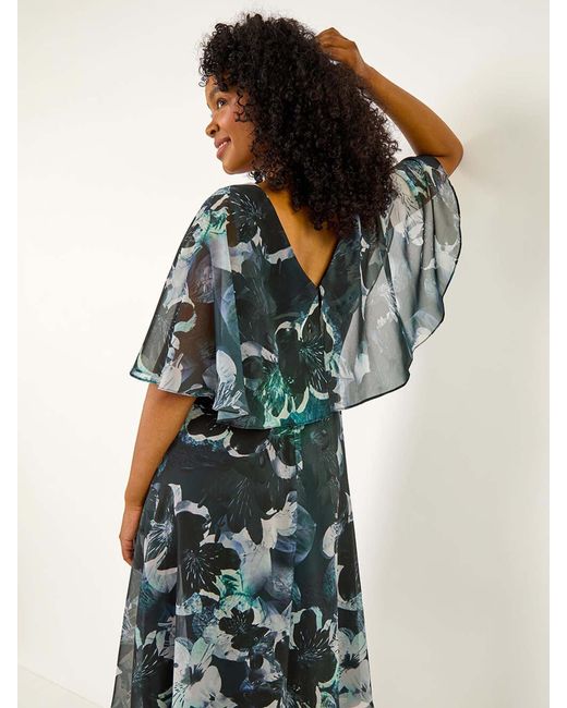 Roman Black Petite Abstract Floral Print Cape Dress